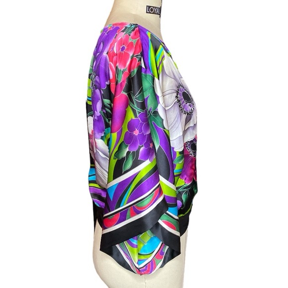 100% Silk Caché Kimono Blouse Bright Colorful Floral Pattern Side Tie Sz Small - Picture 2 of 9